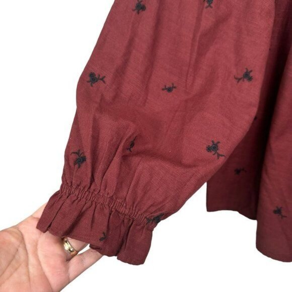 Lauren Conrad Women SZ M Square Neck Embroidered Long Sleeve Blouse Maroon - Picture 6 of 14